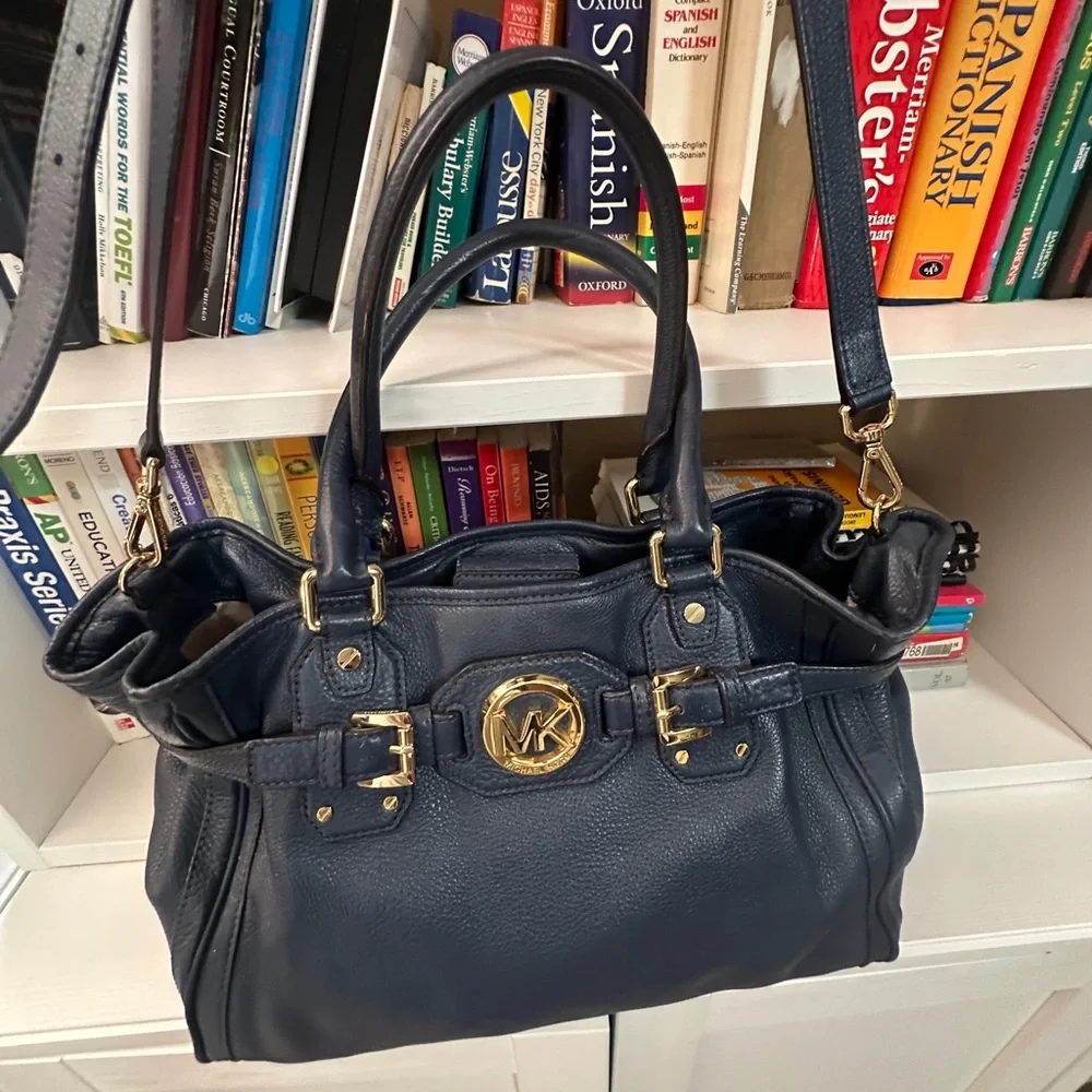 Michael Kors Navy Leather Satchel with Gold-Tone MK Emblem
